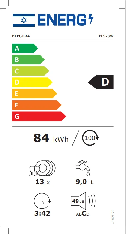 מדיח כלים כולל פתיחה אוטומטית Electra EL929W צבע לבן - יבואן רשמי אלקטרה בהוראת קבע